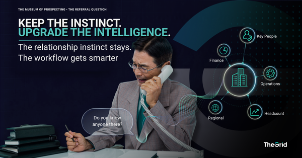 B2B prospecting visual showing an old referral conversation evolving into modern company, people, and account intelligence.
